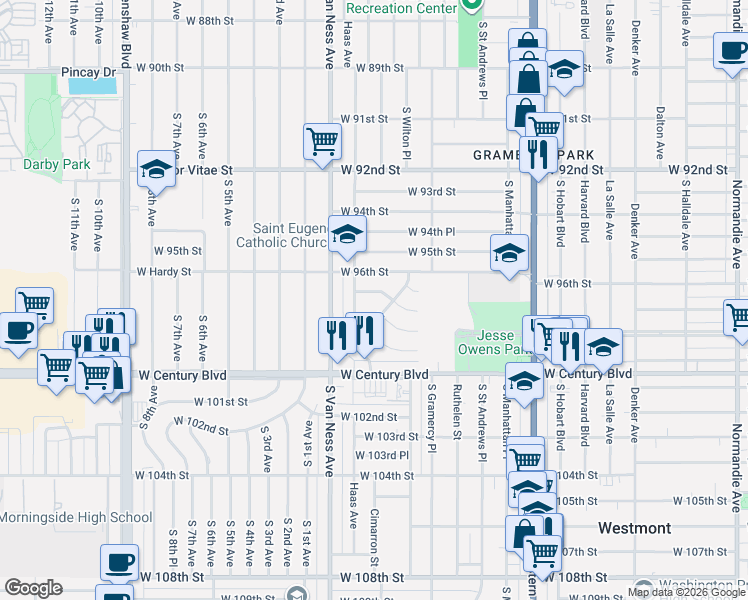 map of restaurants, bars, coffee shops, grocery stores, and more near 9709 Cimarron Street in Los Angeles