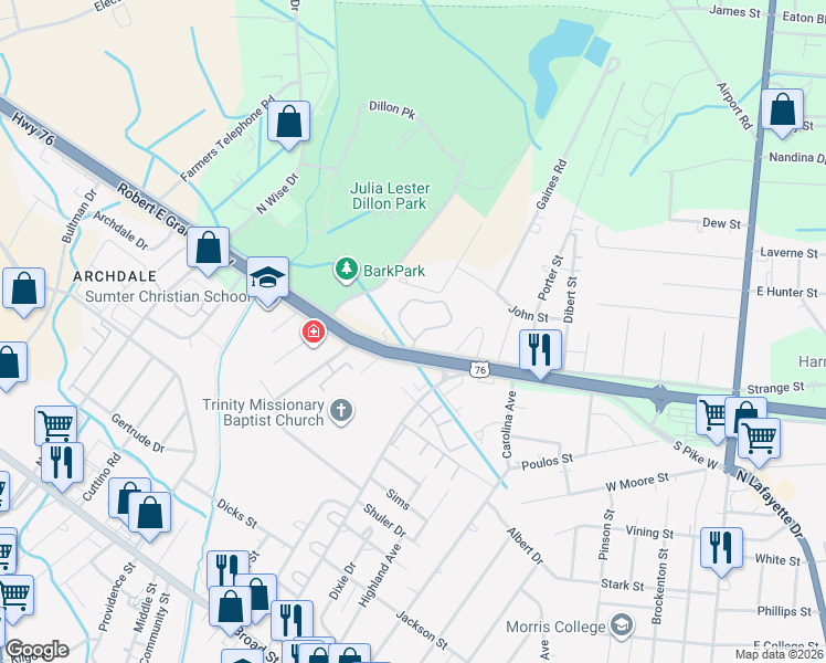 map of restaurants, bars, coffee shops, grocery stores, and more near 1004 Mineral Circle in Sumter