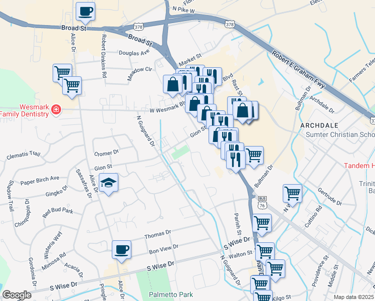map of restaurants, bars, coffee shops, grocery stores, and more near 804 Jessamine Trail in Sumter