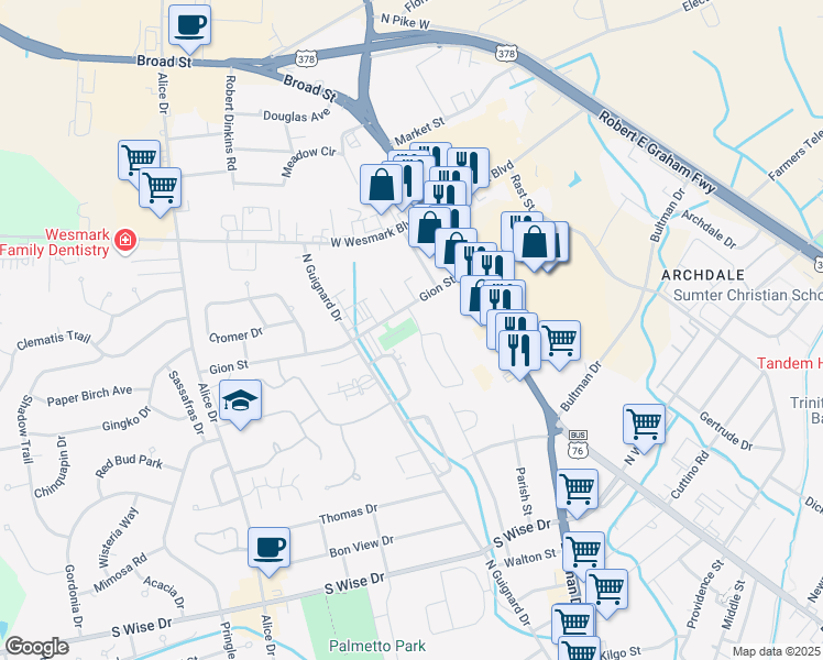 map of restaurants, bars, coffee shops, grocery stores, and more near 804 Jessamine Trail in Sumter