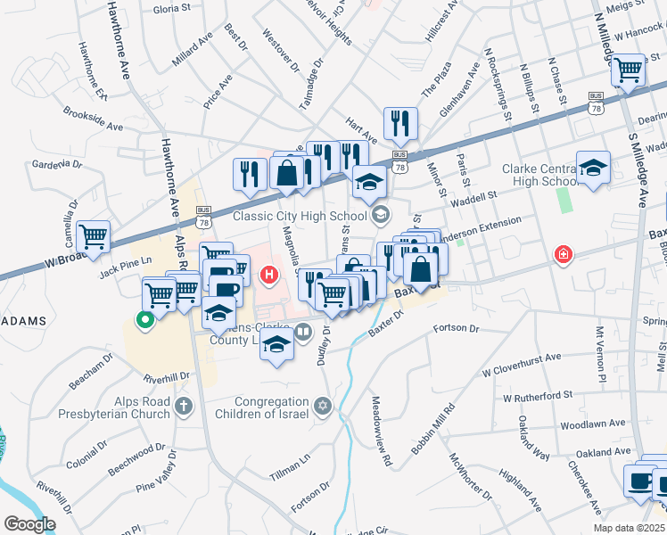 map of restaurants, bars, coffee shops, grocery stores, and more near 293 Evans Street in Athens