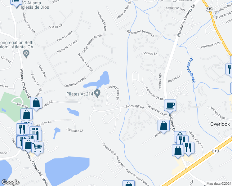 map of restaurants, bars, coffee shops, grocery stores, and more near 918 Ashley Lakes Drive in Peachtree Corners