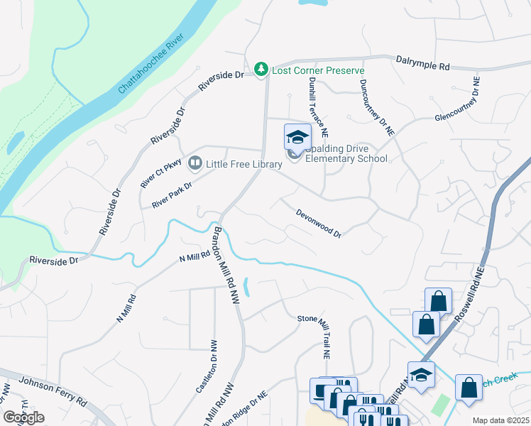 map of restaurants, bars, coffee shops, grocery stores, and more near 80 Seville Chase in Atlanta