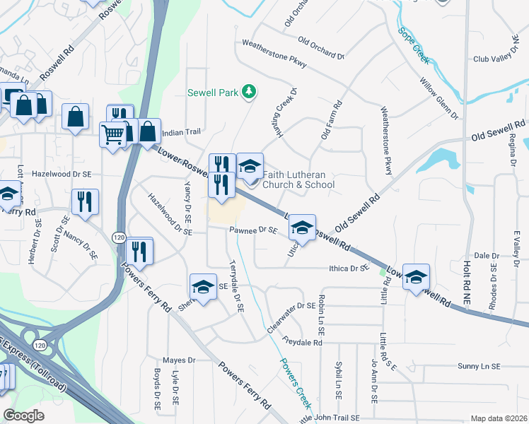 map of restaurants, bars, coffee shops, grocery stores, and more near 2140 Lower Roswell Road in Marietta
