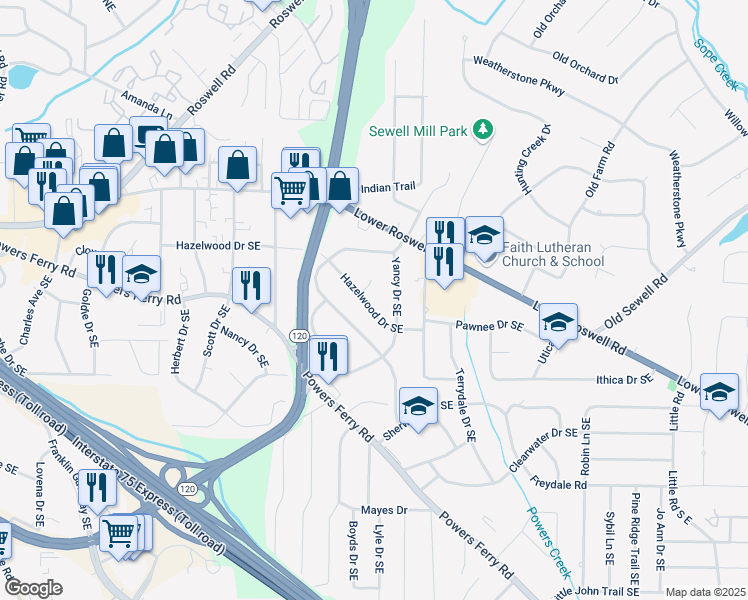 map of restaurants, bars, coffee shops, grocery stores, and more near 1929 Hazelwood Drive Southeast in Marietta