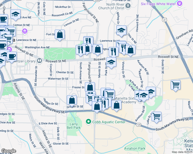 map of restaurants, bars, coffee shops, grocery stores, and more near 157 Fairground Street Southeast in Marietta