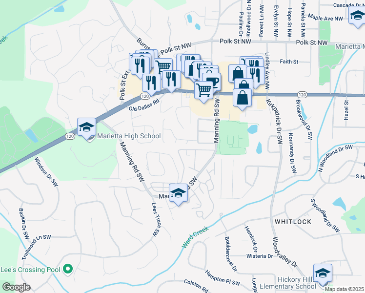 map of restaurants, bars, coffee shops, grocery stores, and more near 104 Westland Court Southwest in Marietta