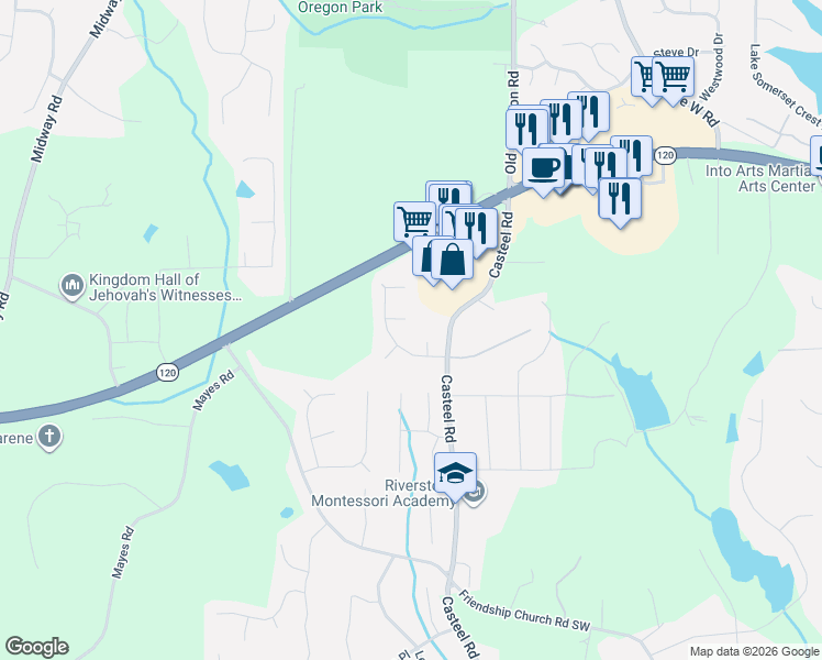 map of restaurants, bars, coffee shops, grocery stores, and more near 3714 Casteel Park Drive Southwest in Marietta
