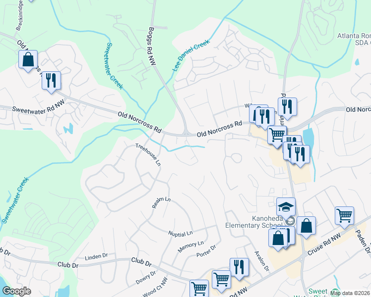 map of restaurants, bars, coffee shops, grocery stores, and more near 1282 Britain Drive Northwest in Lawrenceville