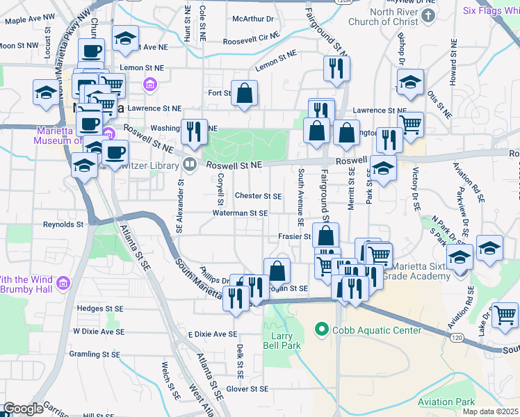 map of restaurants, bars, coffee shops, grocery stores, and more near 439 Waterman St SE in Marietta