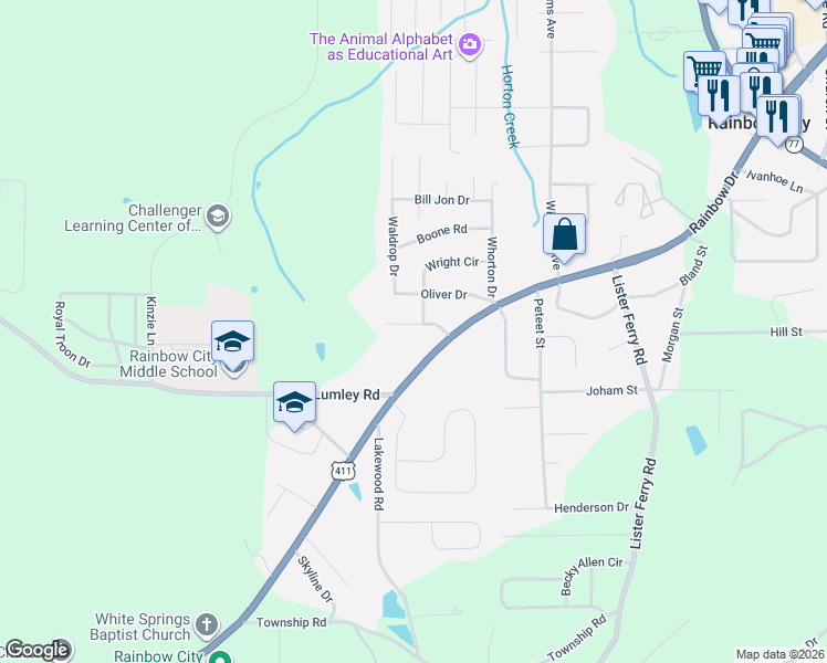 map of restaurants, bars, coffee shops, grocery stores, and more near 4017 Rainbow Drive in Rainbow City