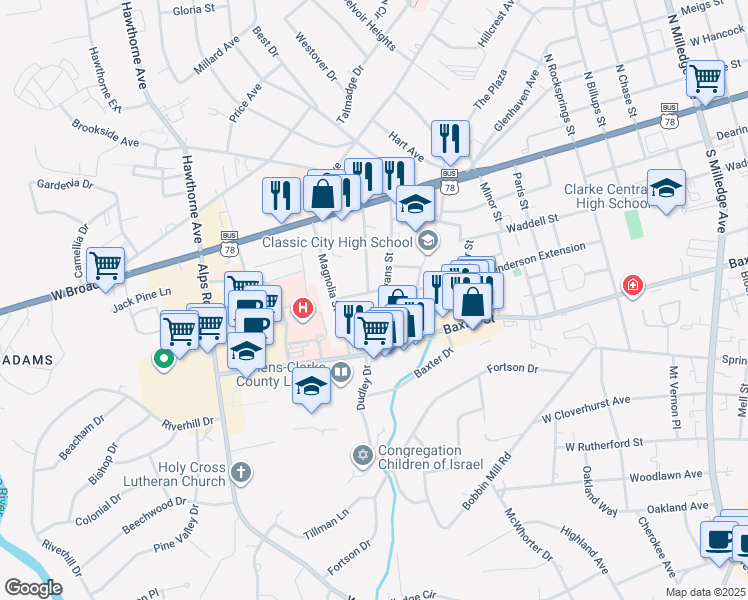 map of restaurants, bars, coffee shops, grocery stores, and more near 293 Evans Street in Athens