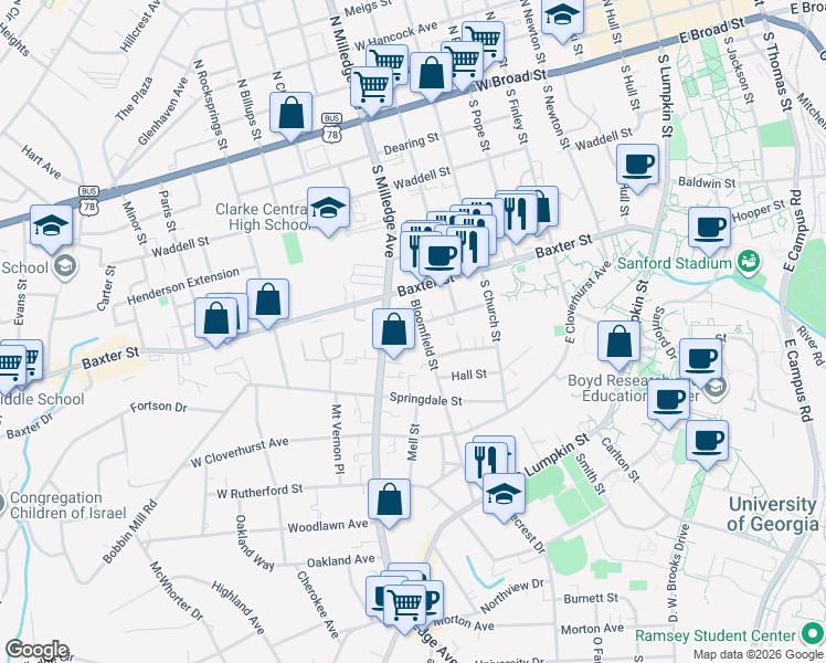 map of restaurants, bars, coffee shops, grocery stores, and more near 437 Peabody Street in Athens