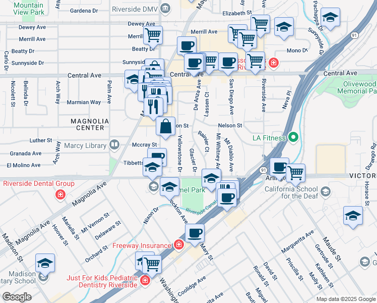 map of restaurants, bars, coffee shops, grocery stores, and more near 6795 Glacier Drive in Riverside