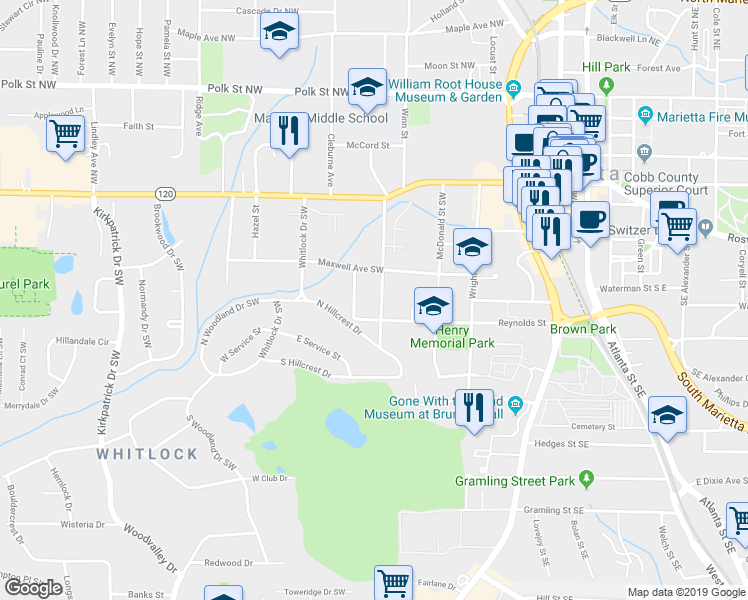 map of restaurants, bars, coffee shops, grocery stores, and more near 162 Northcutt Street Southwest in Marietta