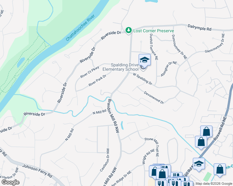 map of restaurants, bars, coffee shops, grocery stores, and more near 45 Seville Chase in Atlanta