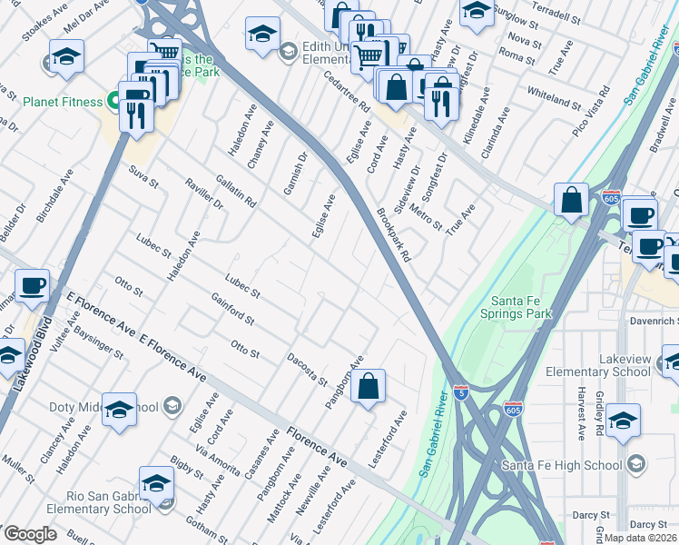 map of restaurants, bars, coffee shops, grocery stores, and more near 9444 Gallatin School House Road in Downey