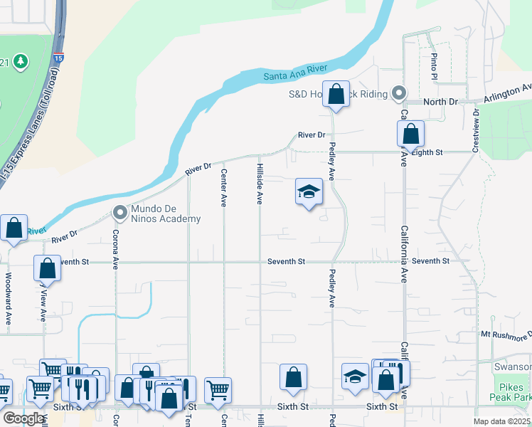map of restaurants, bars, coffee shops, grocery stores, and more near 4561 Hillside Avenue in Norco