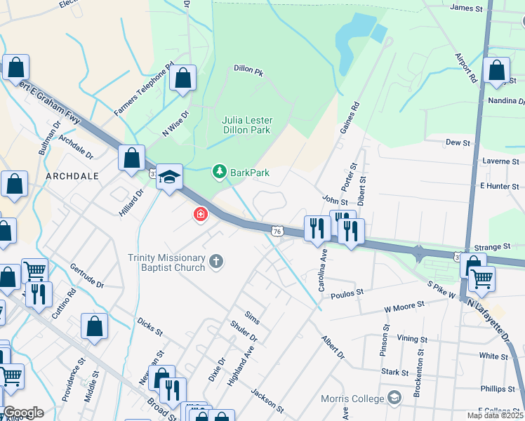 map of restaurants, bars, coffee shops, grocery stores, and more near 1004 Mineral Circle in Sumter