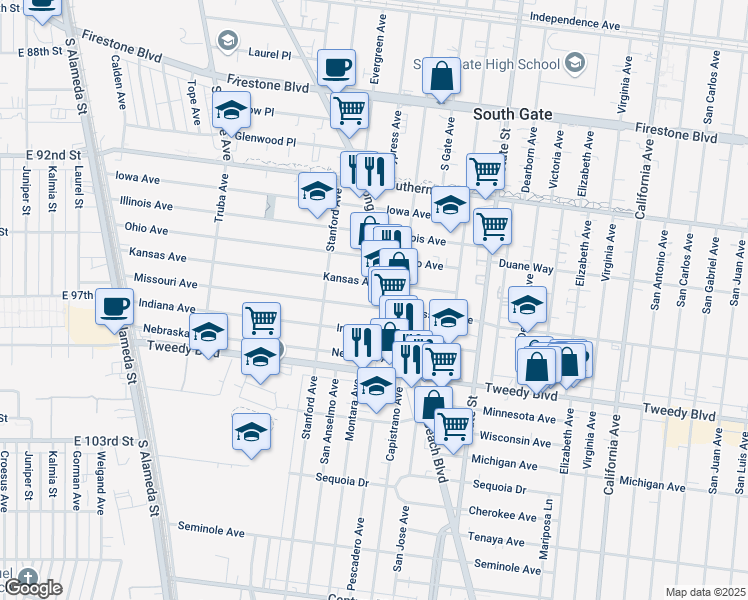 map of restaurants, bars, coffee shops, grocery stores, and more near 3011 Missouri Ave in South Gate