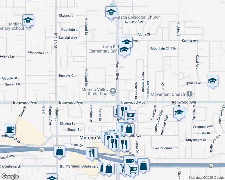 map of restaurants, bars, coffee shops, grocery stores, and more near 29771 Escondido Court in Moreno Valley