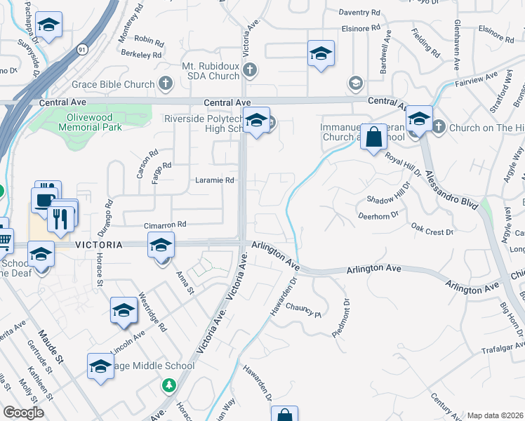map of restaurants, bars, coffee shops, grocery stores, and more near 2659 Victoria Park Drive in Riverside