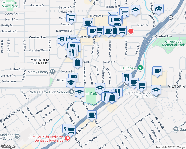 map of restaurants, bars, coffee shops, grocery stores, and more near 6800 De Anza Avenue in Riverside