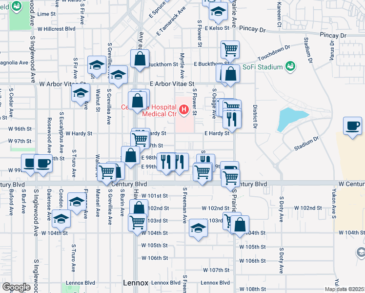 map of restaurants, bars, coffee shops, grocery stores, and more near 515 East 97th Street in Inglewood