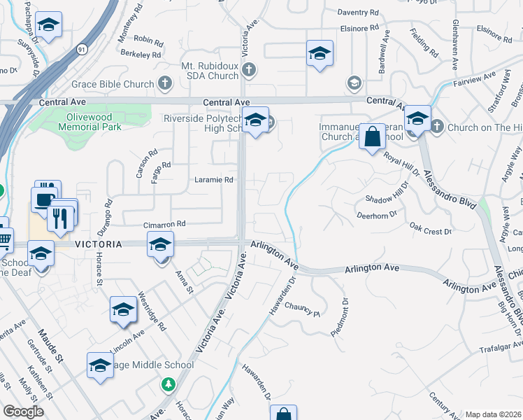 map of restaurants, bars, coffee shops, grocery stores, and more near 2667 Victoria Park Drive in Riverside