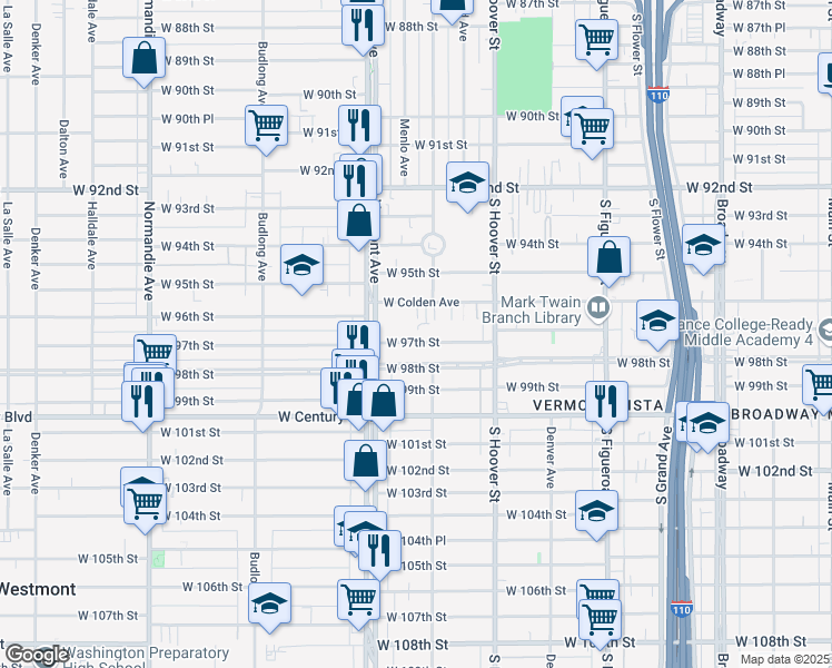 map of restaurants, bars, coffee shops, grocery stores, and more near 815 West 97th Street in Los Angeles