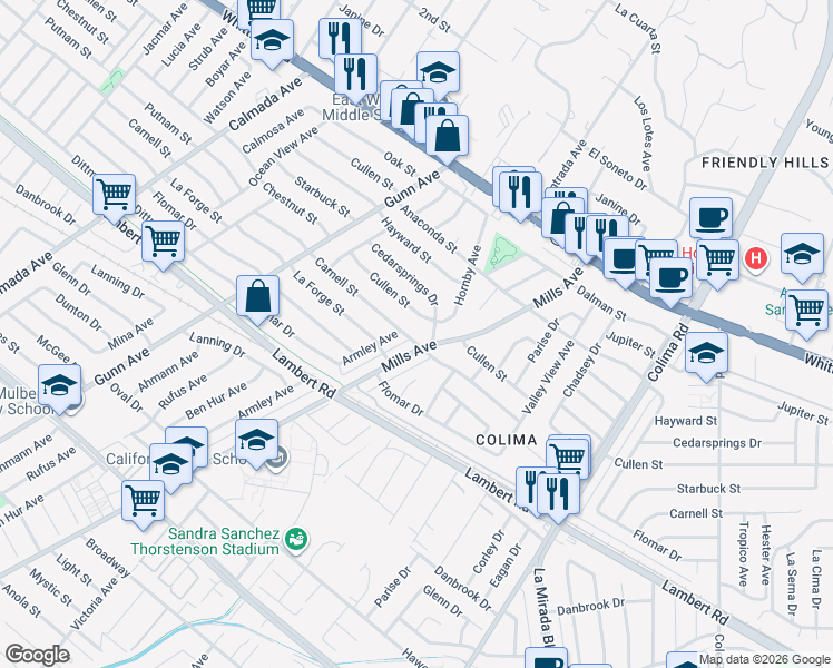 map of restaurants, bars, coffee shops, grocery stores, and more near 14483 Carnell Street in Whittier