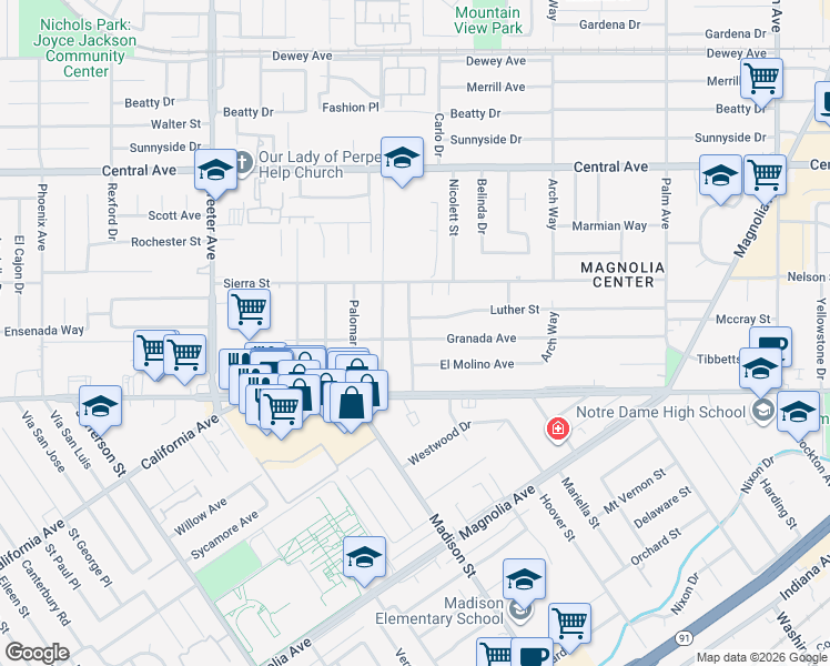 map of restaurants, bars, coffee shops, grocery stores, and more near 6890 Valencia Street in Riverside