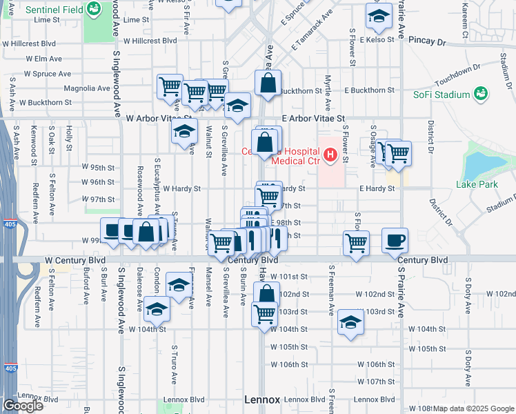 map of restaurants, bars, coffee shops, grocery stores, and more near 1129 South La Brea Avenue in Inglewood