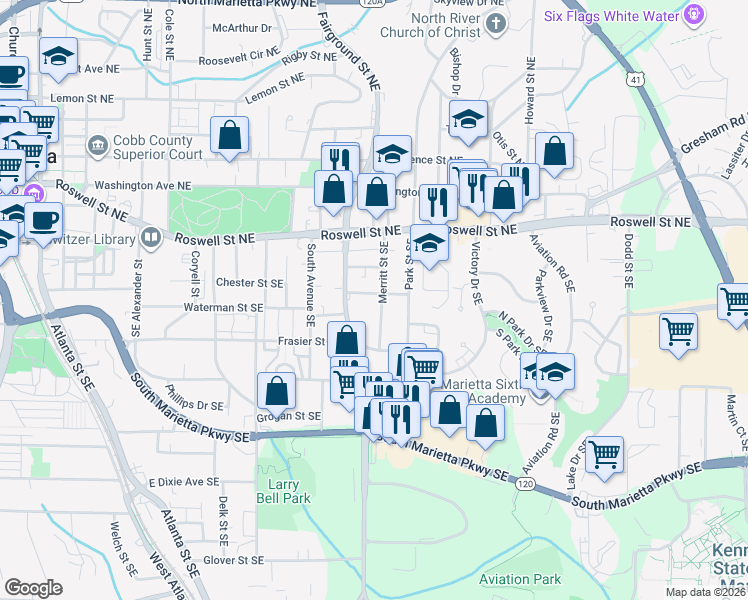 map of restaurants, bars, coffee shops, grocery stores, and more near 642-A-B Armstrong Street SouthEast in Marietta