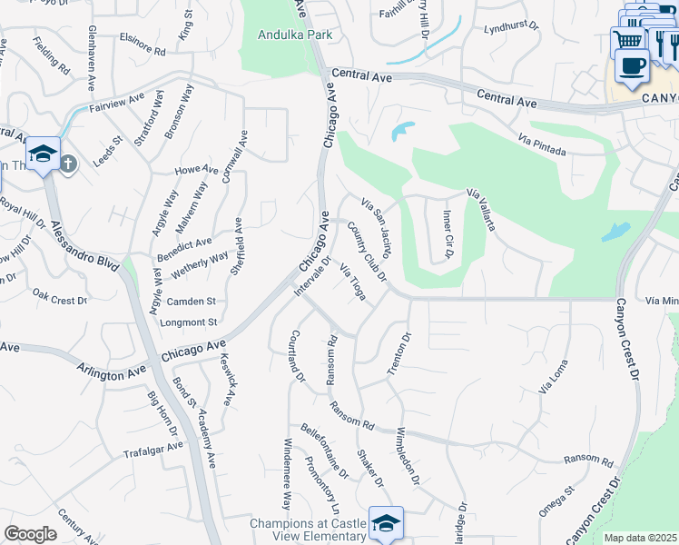 map of restaurants, bars, coffee shops, grocery stores, and more near 1560 Vía Tioga in Riverside
