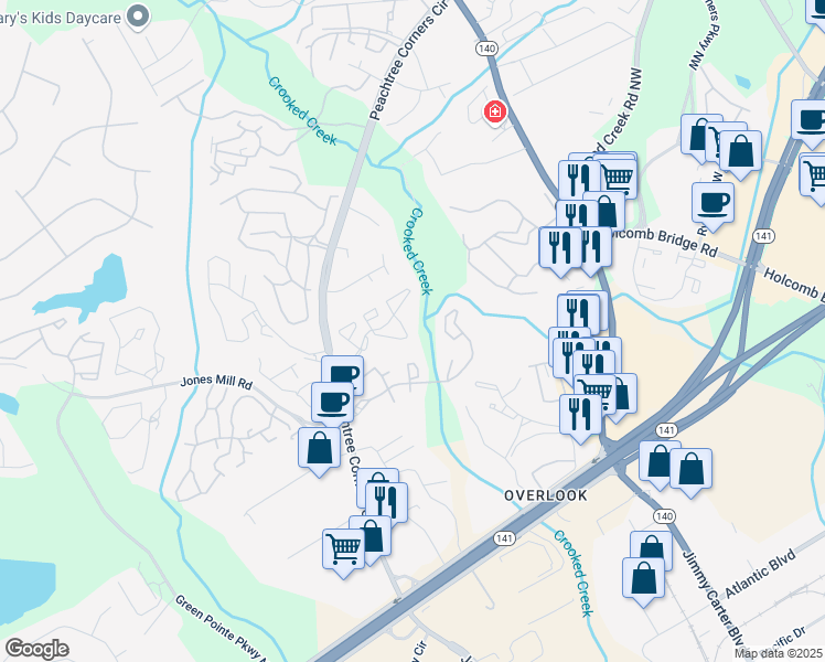 map of restaurants, bars, coffee shops, grocery stores, and more near 417 Glenleaf Drive in Peachtree Corners
