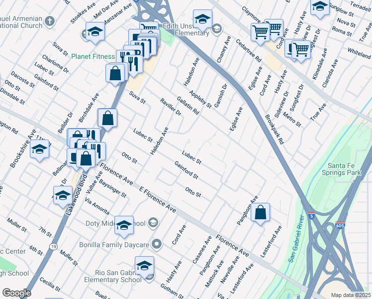 map of restaurants, bars, coffee shops, grocery stores, and more near 9265 Lubec Street in Downey