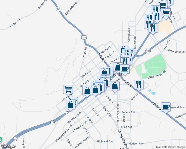 map of restaurants, bars, coffee shops, grocery stores, and more near 400 3rd Street North in Oneonta