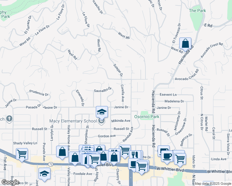 map of restaurants, bars, coffee shops, grocery stores, and more near 16875 Sausalito Drive in Whittier