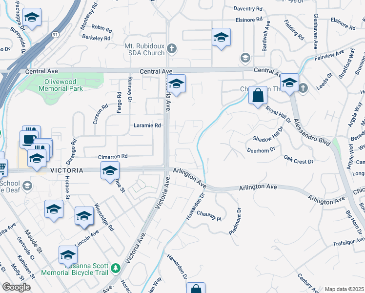 map of restaurants, bars, coffee shops, grocery stores, and more near 2659 Victoria Park Drive in Riverside