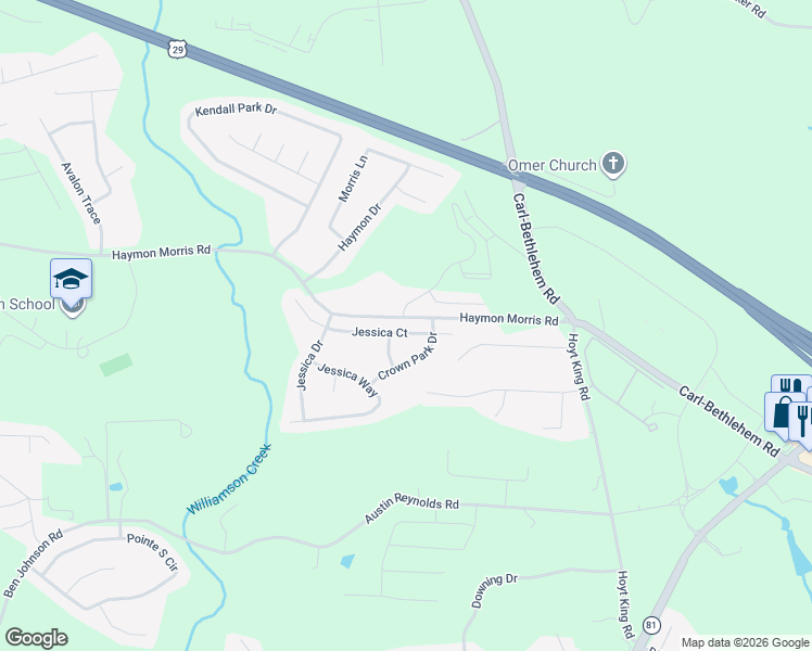 map of restaurants, bars, coffee shops, grocery stores, and more near 1709 Jessica Court in Winder