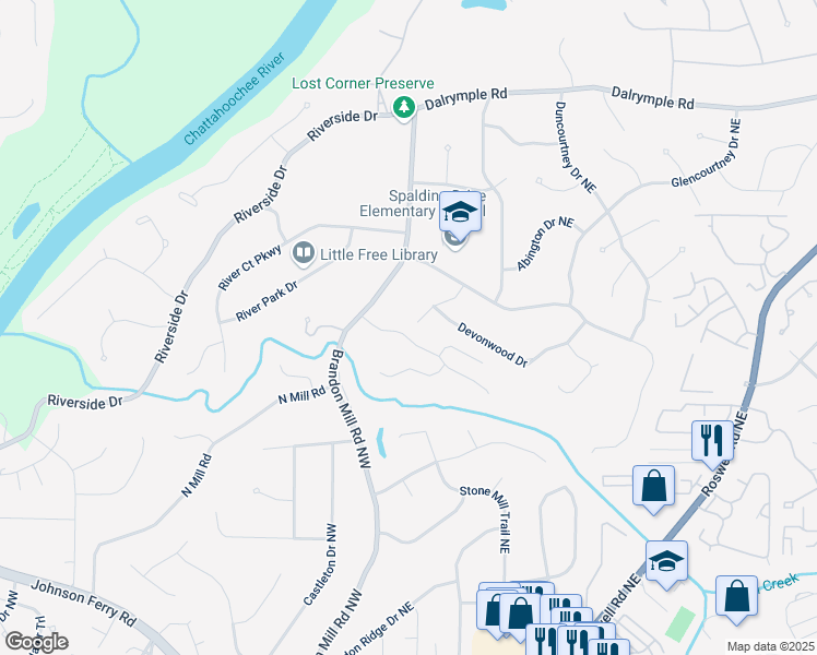map of restaurants, bars, coffee shops, grocery stores, and more near 80 Seville Chase in Atlanta