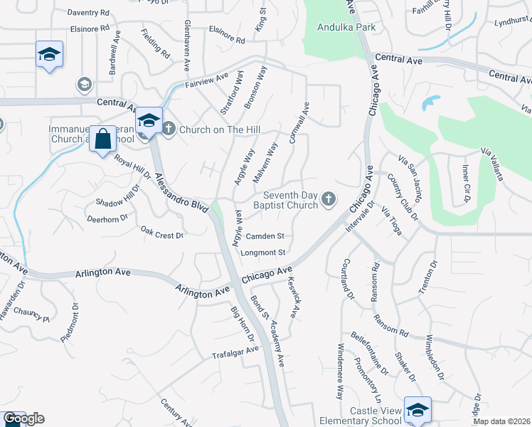 map of restaurants, bars, coffee shops, grocery stores, and more near 5752 Roxbury Place in Riverside