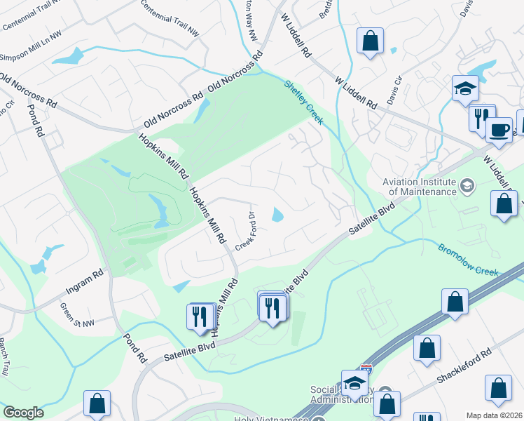 map of restaurants, bars, coffee shops, grocery stores, and more near 4418 Creek Ford Trace in Duluth