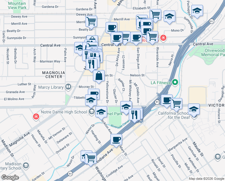 map of restaurants, bars, coffee shops, grocery stores, and more near 6795 Glacier Drive in Riverside