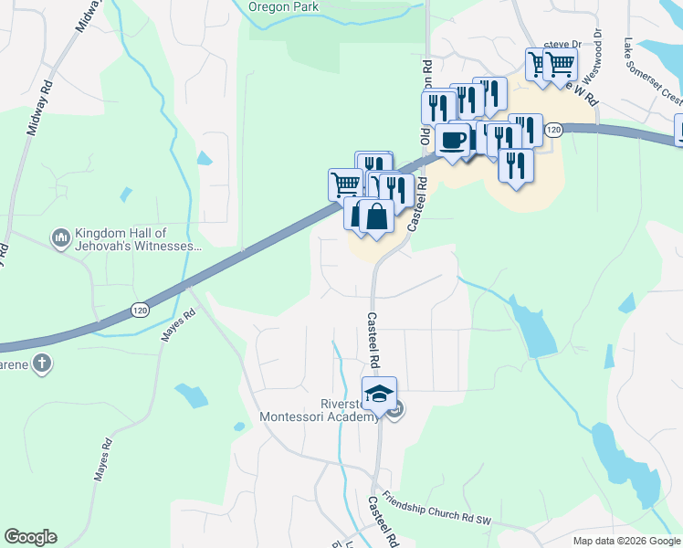 map of restaurants, bars, coffee shops, grocery stores, and more near 3714 Casteel Park Drive Southwest in Marietta