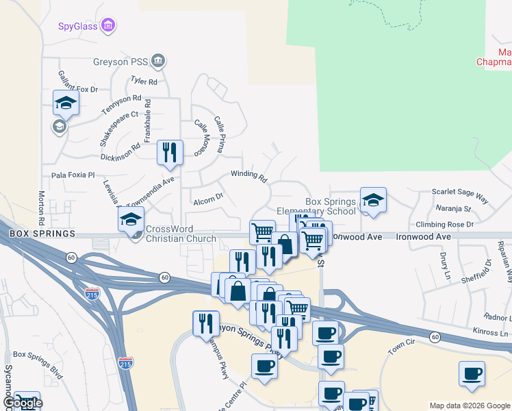 map of restaurants, bars, coffee shops, grocery stores, and more near 21931 Winding Road in Moreno Valley