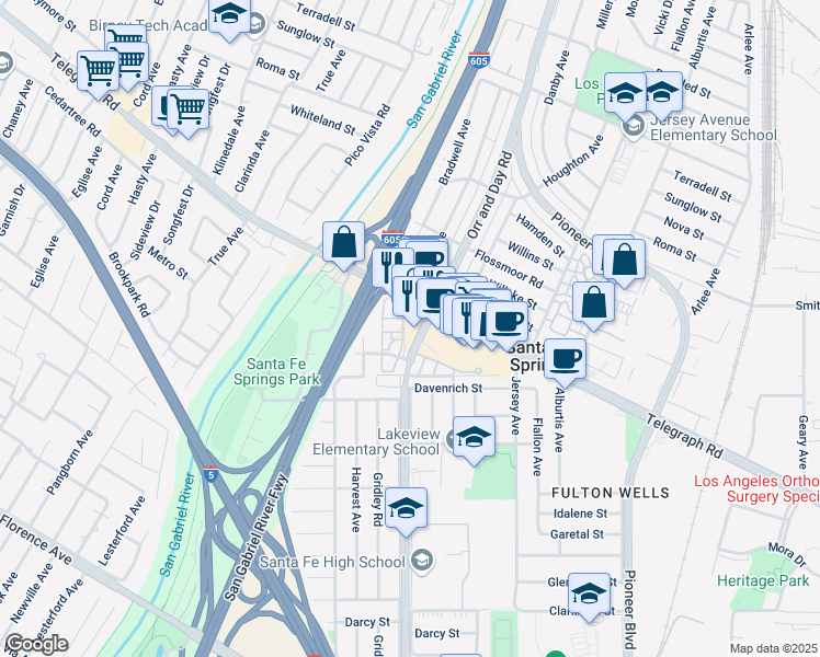 map of restaurants, bars, coffee shops, grocery stores, and more near 9927 Orr and Day Road in Santa Fe Springs