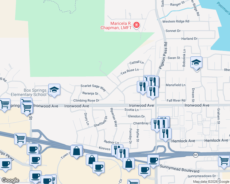 map of restaurants, bars, coffee shops, grocery stores, and more near 22659 Climbing Rose Drive in Moreno Valley