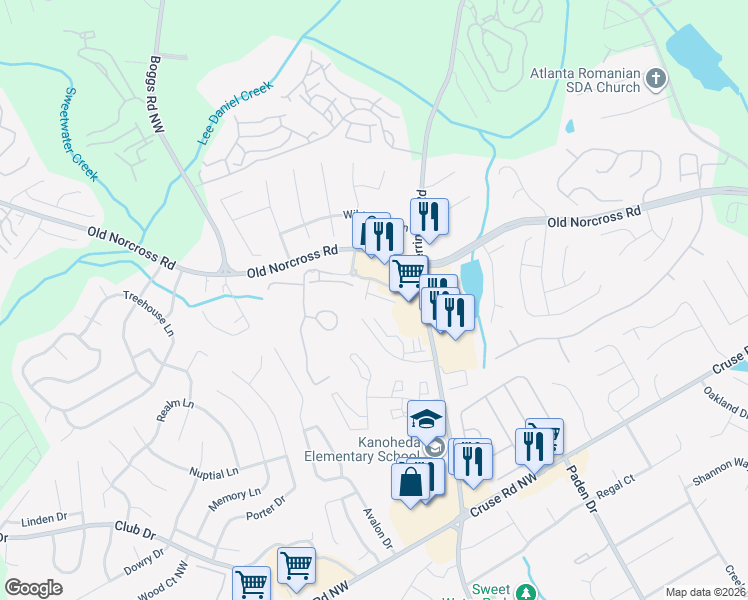 map of restaurants, bars, coffee shops, grocery stores, and more near 2572 Pepper Court Northwest in Lawrenceville